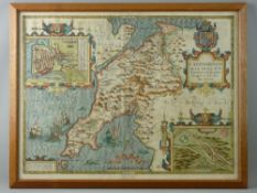 A COLOURED & TINTED MAP OF CAERNARFONSHIRE BY JOHN SPEED, Sudbury & Humble edition, 1610, glazed