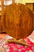 A VICTORIAN ROSEWOOD VENEERED TILT TOP BREAKFAST TABLE, the 113 cms diameter top on a segmented