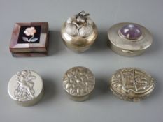 SIX SILVER & WHITE METAL PILL BOXES, various designs, three stamped