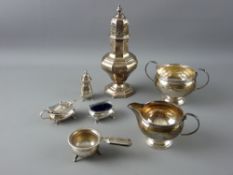 A SILVER TWIN HANDLED SUGAR BOWL & MILK JUG, Birmingham 1932, a silver three piece cruet, Birmingham