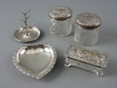 SMALL SILVER DRESSING TABLE ITEMS, five pieces to include a heart shaped pin dish and a modern