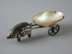 AN EDWARDIAN NOVELTY PIG SILVER PIN CUSHION and cart with mother of pearl bowl, Birmingham 1909