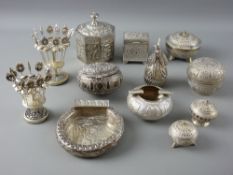 A QUANTITY OF EASTERN SILVER & WHITE METAL ITEMS including lidded pots and containers, two