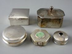 FIVE SILVER & WHITE METAL PILL BOXES, one having circular jade mount, three marked