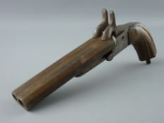 A SPANISH PIN FIRE DOUBLE BARRELLED PISTOL, barrel length 12 cms, total length 22 cms, some slight