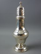 A CHESTER HALLMARKED SUGAR SIFTER of baluster form with detachable pierced lid, 1930's date, 3.5