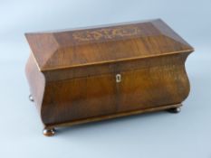 A VICTORIAN INLAID ROSEWOOD TEA CADDY of sarcophagus form, the top inlaid with scroll tied floral