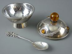 AN ARTS & CRAFTS STYLE SUGAR BOWL & COVER with stylized comet style decoration having cabochon and