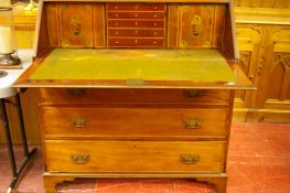 A GEORGIAN MAHOGANY & LATER INLAID FALL FRONT BUREAU, the top and sloping fall with satin wood