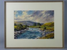 WINSTON MEGORAN watercolour - river scene with distant farmstead, signed and with Warwick