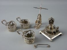 A GROUP OF SMALL SILVER including three small cup holders, stamped '800', a novelty instrument on