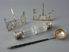 A TODDY LADLE with twisted horn handle, two pierced card or menu holders and a clear glass double