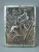 A RUSSIAN SILVER CIGARETTE CASE, circa 1900 with cabochon green stone thumb push, the front embossed