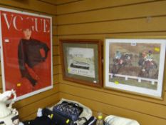 A framed Vogue magazine print, a framed advertising print for a 1954 Pontiac car & an equestrian