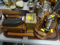 A tray of various metalware including EPNS candle holders, pickle jar, small inlaid musical box etc