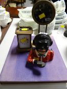 Small brass carriage clock together with another brass mantel clock & a reproduction metal money box