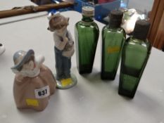 Two Nao porcelain figures & a trio of old gin bottles