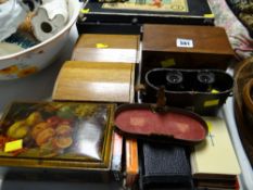 Parcel of collectables including wooden boxes, cased binoculars etc