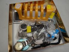 A parcel of watches & jewellery together with a Poole pottery toast rack