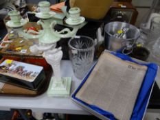 A continental pottery figural three-branch table lamp, a cut glass vase etc