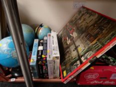 Three globe lamps, parcel of jigsaws & vintage table games etc E/T