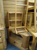 Lightwood suit stand, a hanging open shelf unit & a pine corner TV stand