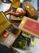 A collection of cigarette & cigar boxes including a leather cigar case together with a Meerschaum