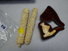 Two carved Oriental ivory needle cases & a cased Meerschaum-type pipe