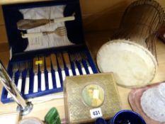 Cased fish knives & forks, coronation tin ephemera & an African talking 'drum'