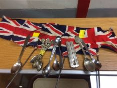 Small parcel of tea spoons & four vintage hand held Union Jack flags