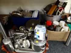 A parcel of various kitchen items including stainless steel cookware, saucepans, kitchen knives etc