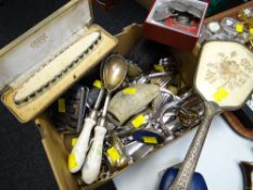Mainly metal collectables including flatware, hip flask, a box of loose coinage etc