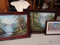 A pair of framed oil on canvas - deer grazing in a waterfall & a framed print commemorating the