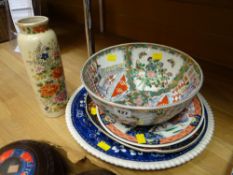 Chinese Famille decorated bowl, plates, large blue & white Copeland charger, Chinese decorated