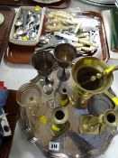 An EPNS circular tray, brass pestle & mortar, other metalware & tray of various flatware