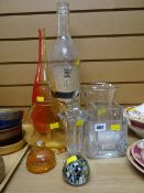 Parcel of glassware including art glass, small glass dump, vintage large Grant's whiskey bottle etc