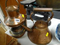 A reproduction copper ship's mast head lamp & copper kettle