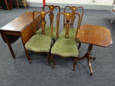 A drop leaf table together with four marquetry hall chairs (damaged & distressed) together with a