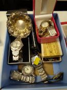 A box of various watches, two sterling silver dishes, a pocket calculator etc