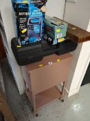 A vintage metal storage chest, cased car jack, foot pump etc