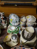 A tray of various vintage Staffordshire teaware, biscuit barrels etc