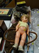 Collection of vintage knitting equipment including needles, sewing bag, patterns etc