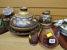 Three items of Denby stoneware, brown & amber glazed pottery together with two coloured glass etched