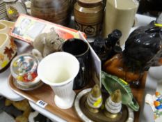 Tray of mixed china, glass, blue glass bowl, two pairs of vintage binoculars etc