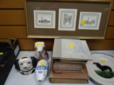 Vintage Staffordshire spaniel money box, two Rye pottery animal figures, vintage books, framed