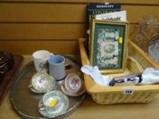 Basket of vintage postcards, framed decorative greetings cards together with a small parcel of china