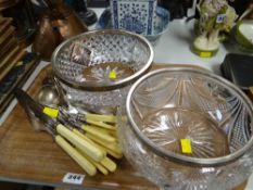 Two hallmarked silver rimmed fruit bowls together with a small parcel of flatware