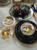 Three items of Maling lustre pottery, three reproduction Prattware pot lids etc