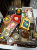 Tray of various collectables including Waterford crystal clock, silver hairbrush, vintage tins etc