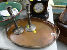 An EPNS gallery tray & a pair of Laura Ashley pewter-style candlesticks